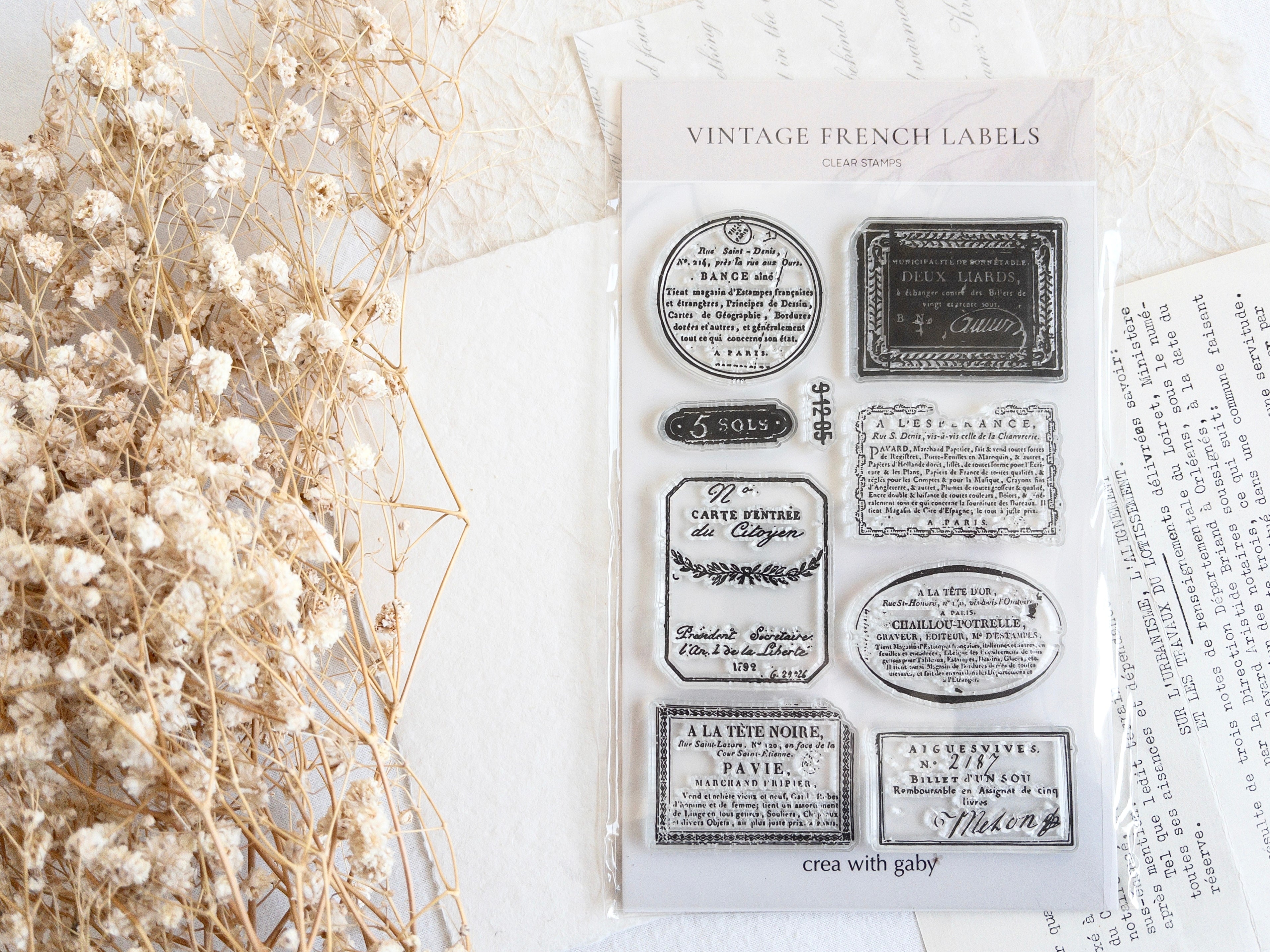Clear stamp set | Vintage french labels (9 stamps)